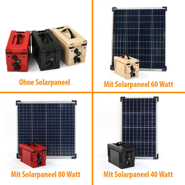 Akkubox mit verschiedenen Anschlüssen, mit Solarpaneel